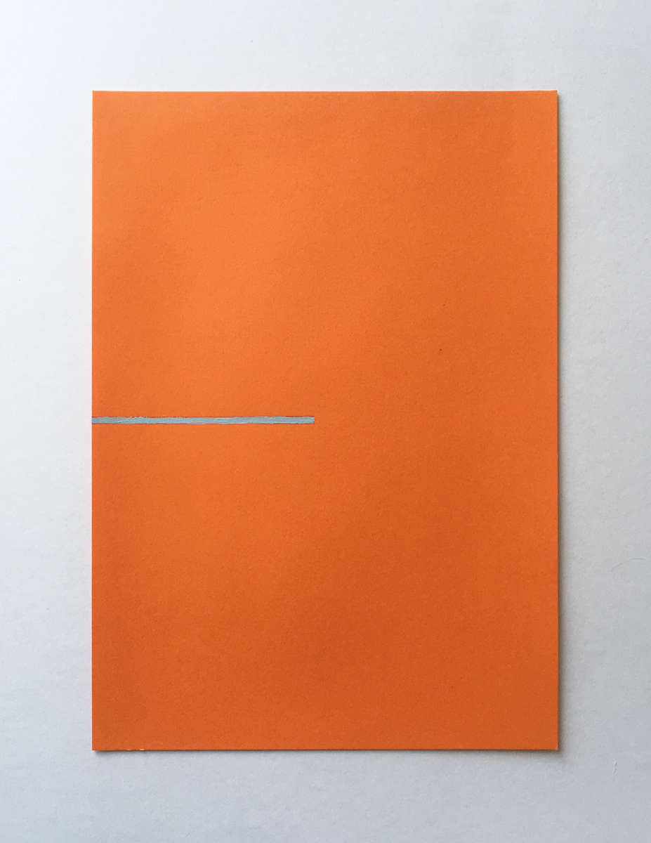 An orange piece of paper with a straight line of light blue paint halfway up.