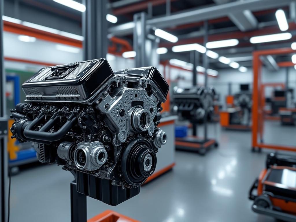 Motor de automóvil en un taller moderno con luces brillantes y equipos de fondo. Motor de automóvil en un taller moderno con luces brillantes y equipos de fondo.