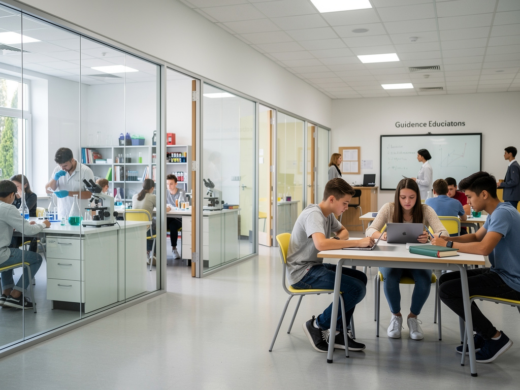 Estudiantes trabajando en un aula moderna con laboratorio de ciencias y sala de estudio con tablet