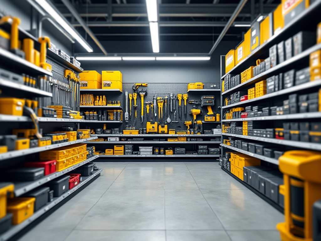 Pasillo de tienda de herramientas con estantes llenos de cajas y equipos de construcción organizados.