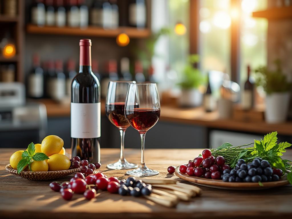 Botella de vino tinto y dos copas sobre una mesa, rodeadas de uvas, limones y hierbas en un ambiente acogedor.