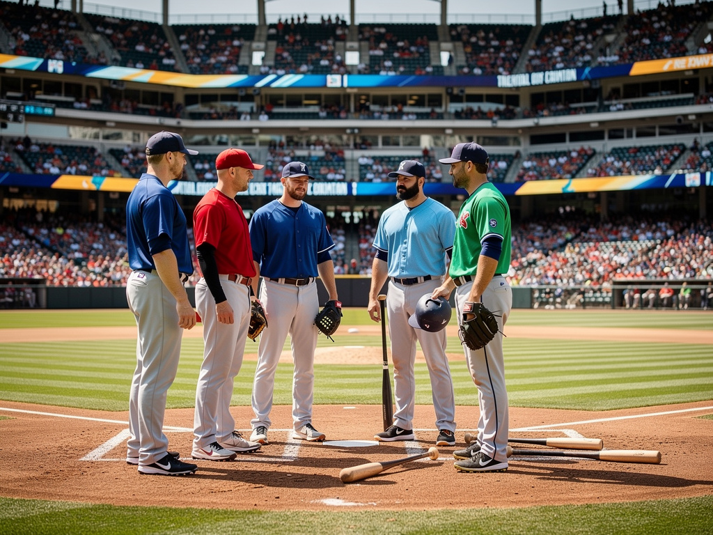 Jugadores de béisbol reunidos en el home plate antes del partido en un estadio lleno