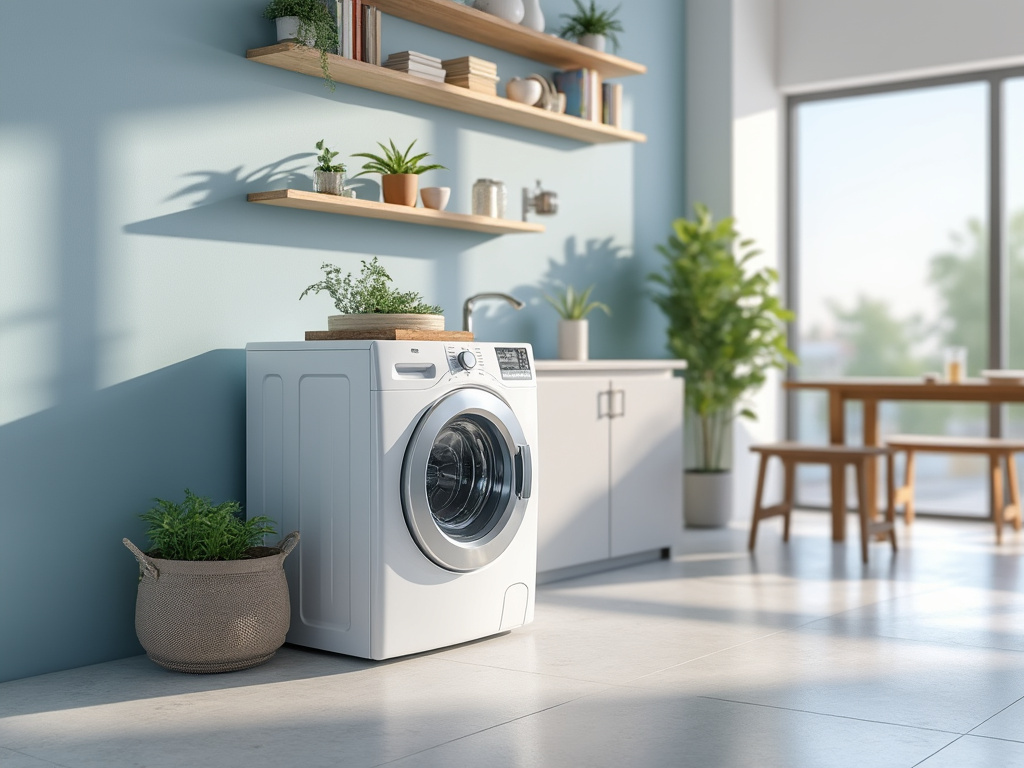 Lavadora blanca en lavandería moderna con plantas, estantes de madera y luz natural