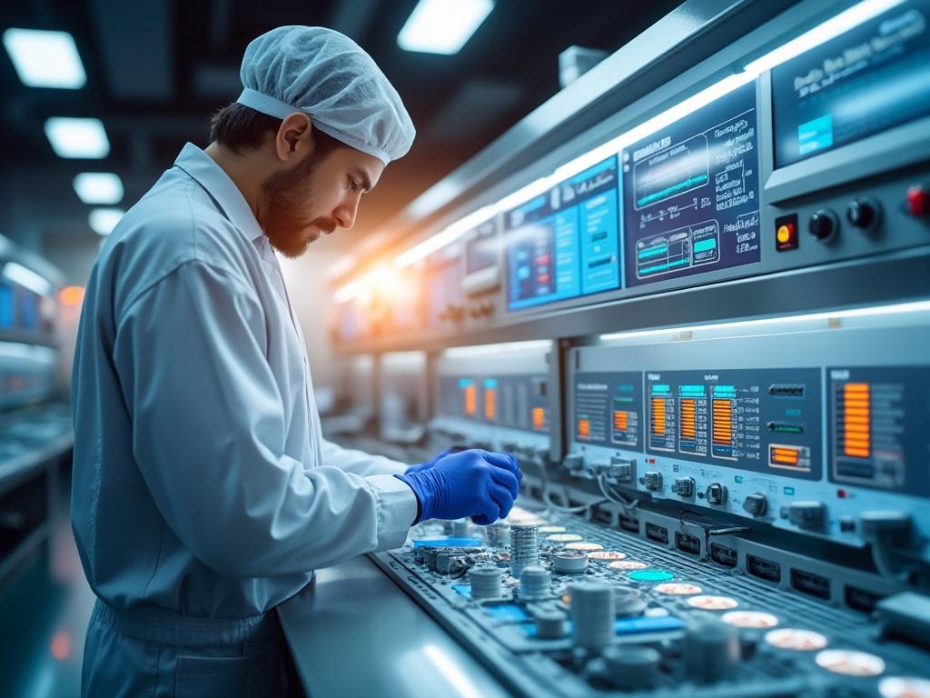 Ingeniero en una sala de control operando maquinaria avanzada.