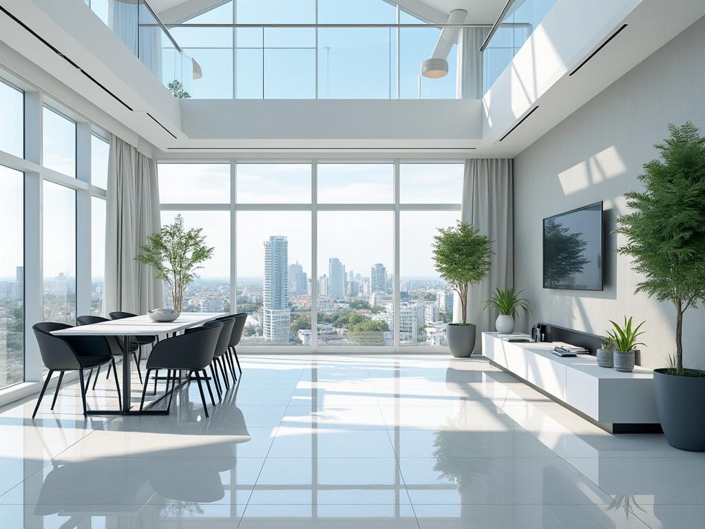 Sala moderna con ventanales grandes, mesa con sillas negras, plantas decorativas y televisión en la pared, vista a la ciudad.