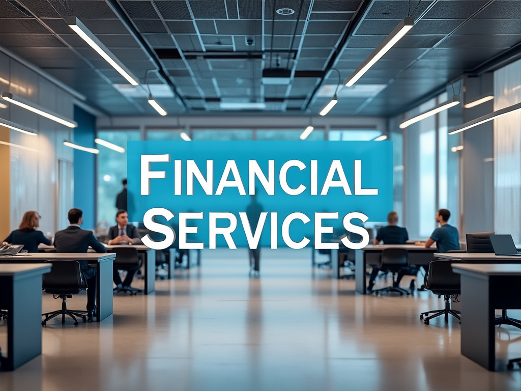 Servicios financieros en oficina moderna con profesionales reunidos y texto Financial Services