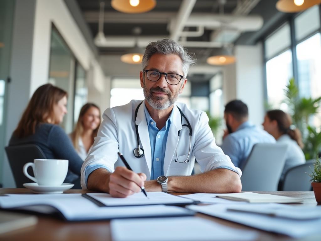 Doctor con gafas y estetoscopio en una oficina moderna, sentado frente a documentos, con personas conversando en el fondo. Doctor con gafas y estetoscopio en una oficina moderna, sentado frente a documentos, con personas conversando en el fondo.