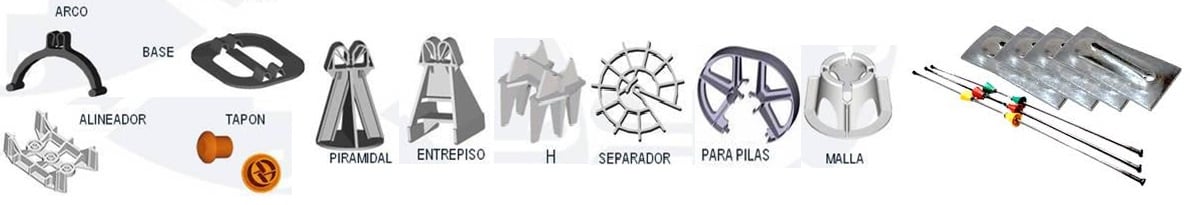 Accesorios plásticos y metálicos para construcción: separadores, alineadores, bases, tapones, soportes piramidales, malla, placas y varillas