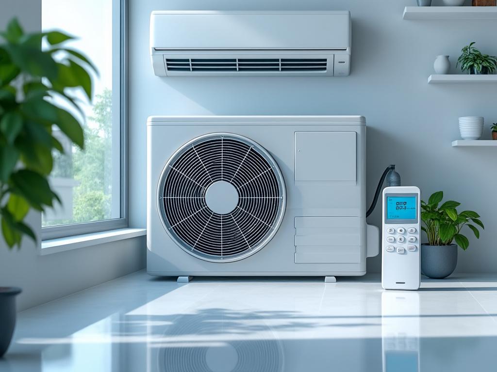 Sistema de aire acondicionado moderno en una habitación luminosa con plantas decorativas y control remoto.