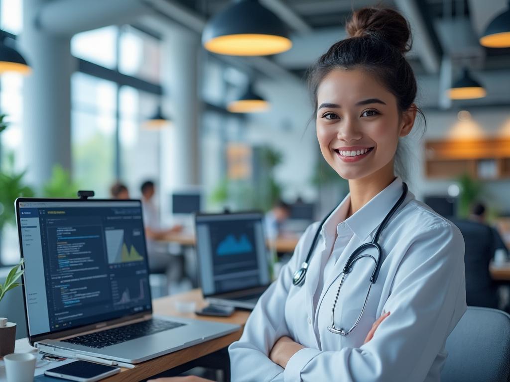 Doctora en un moderno entorno de oficina con un estetoscopio y gráficos en la pantalla de la computadora.