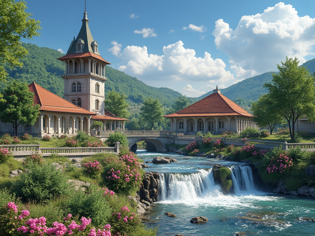 Vista de un paisaje pintoresco con un río y cascada bordeada de flores, un puente de piedra, y edificios de estilo arquitectónico tradicional con tejados rojos, rodeados por un entorno montañoso verde bajo un cielo azul con nubes.