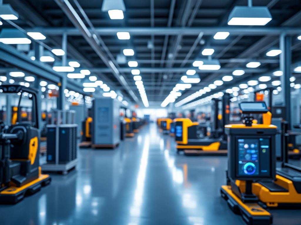 Modern industrial robotics facility with automated machines and bright lighting.