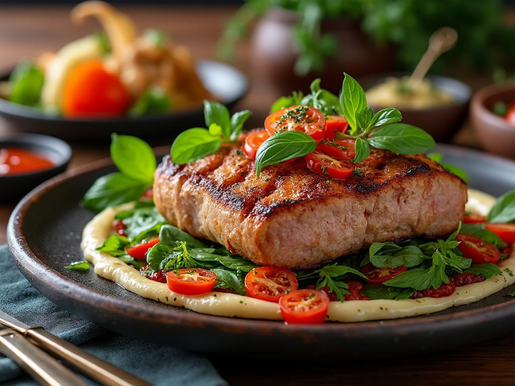 Filete de cerdo a la parrilla con hierbas frescas y rodajas de tomate sobre cama de espinacas, servido en plato de cerámica.