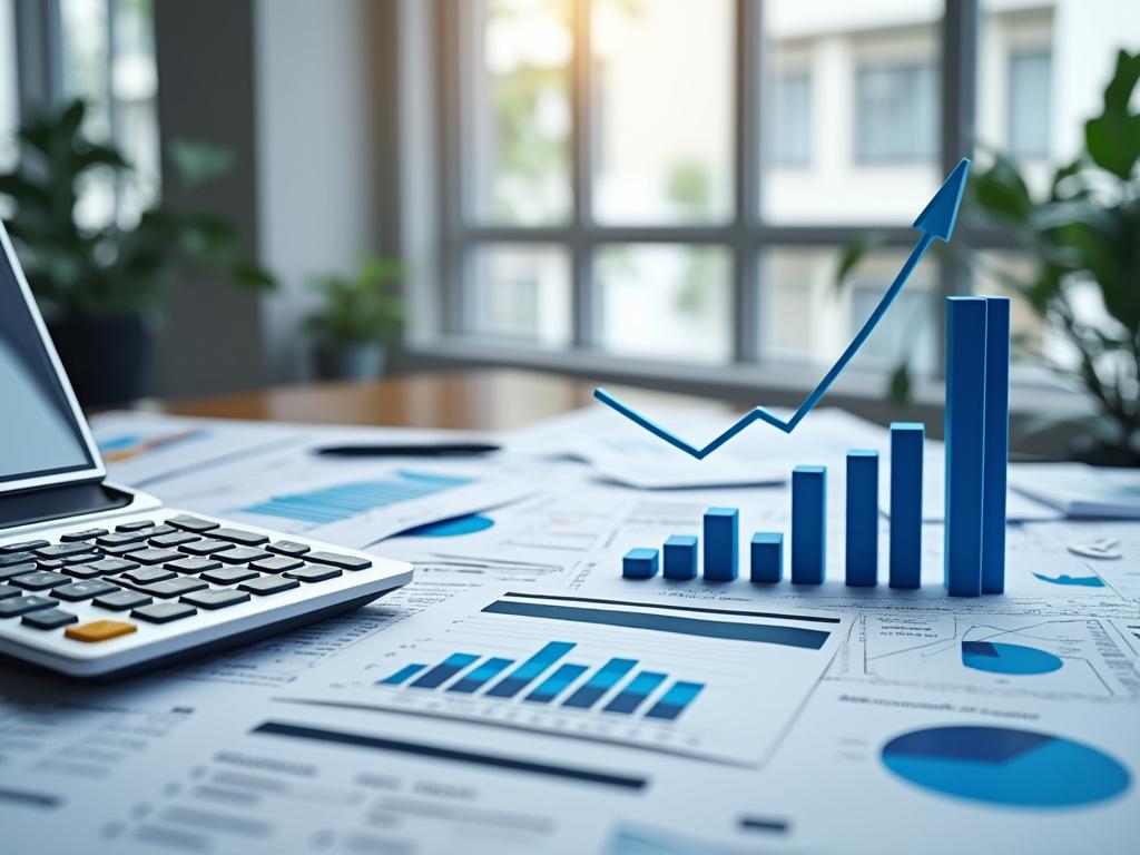 Gráficos financieros con barra de crecimiento y calculadora en oficina moderna iluminada.
