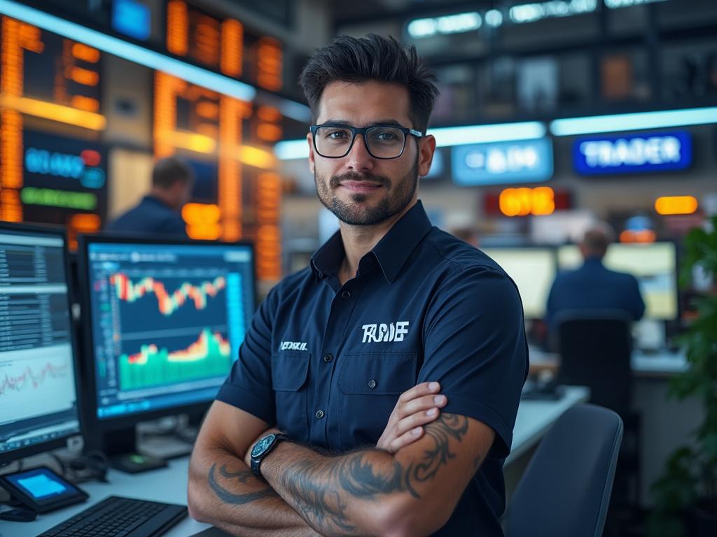 Hombre joven con gafas y tatuajes, vestido con uniforme de trader, en una oficina de operaciones bursátiles llena de pantallas con gráficos financieros.