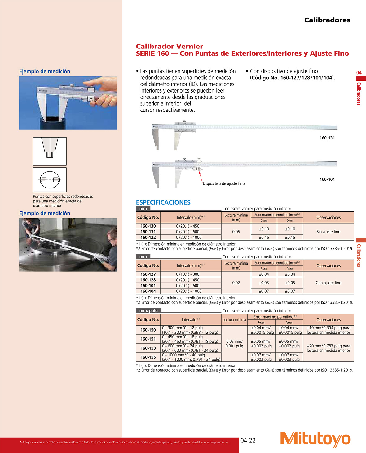 Calibrador vernier con puntas de exteriores, interiores 