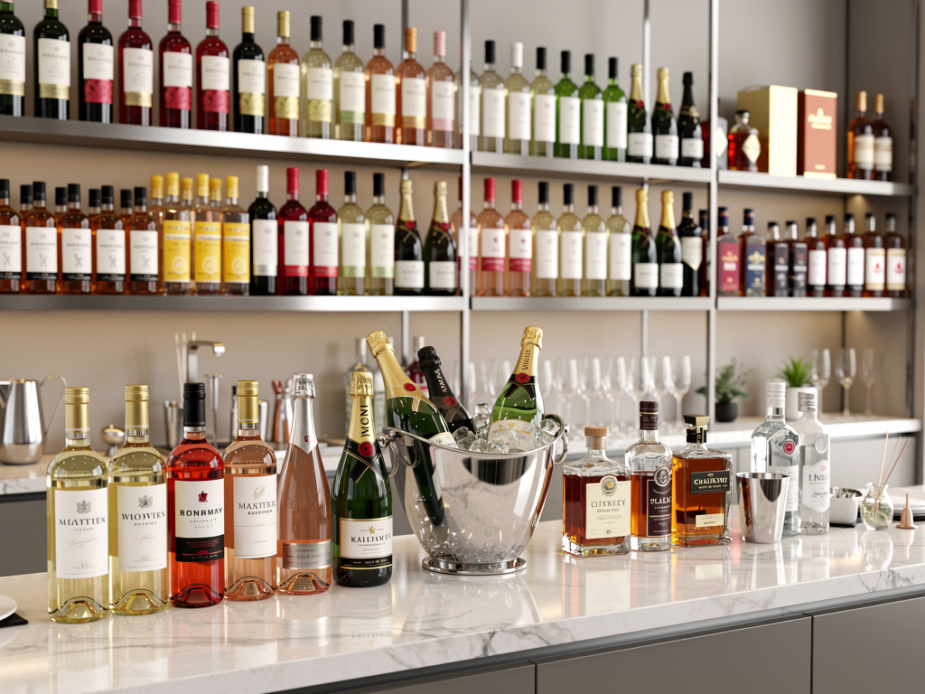 Barra de vinos y licores con botellas de vino, champán en cubitera y whisky en estanterías