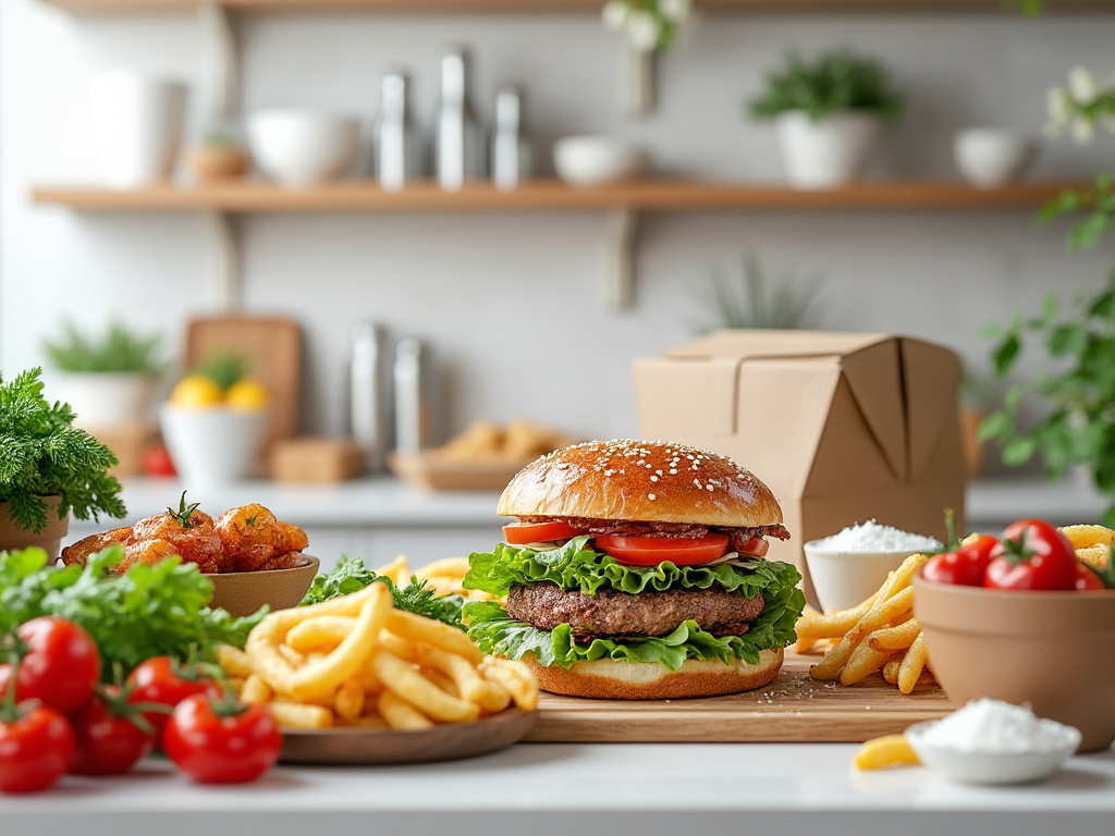 Hamburguesa gourmet con tomate, lechuga y papas fritas en una cocina moderna, acompañada de ingredientes frescos como tomates y hierbas.