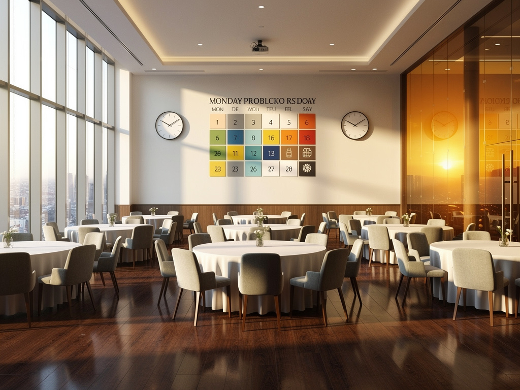 Salón de conferencias moderno con mesas redondas, ventanales panorámicos, relojes de pared y calendario de colores al atardecer