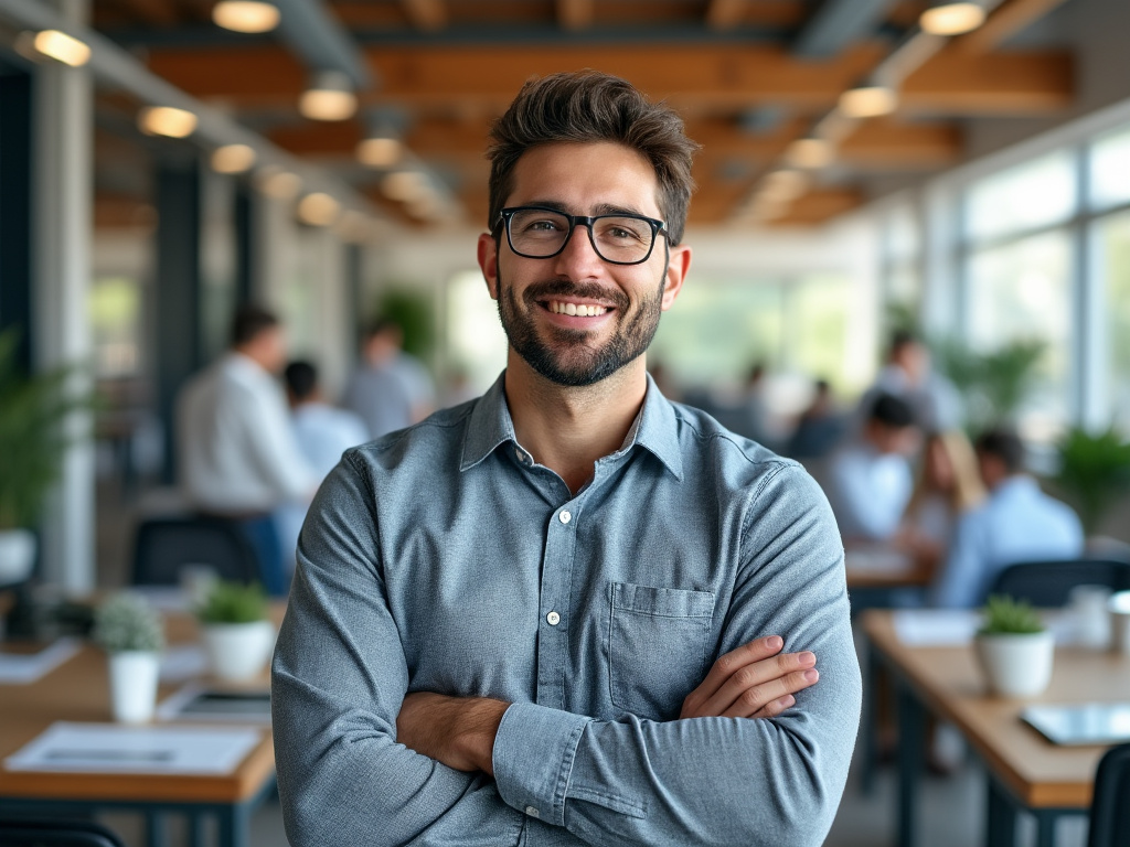 Hombre joven con gafas sonriendo en una oficina moderna con decoración de madera.