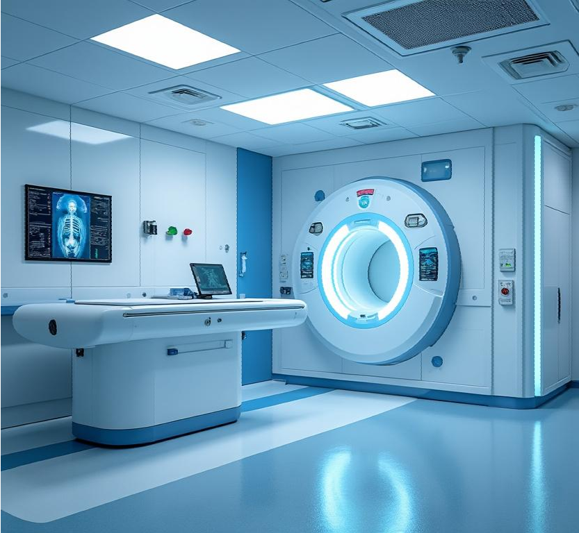 Sala de resonancia magnética moderna con escáner, pantallas de imágenes de rayos X y mesa de examen en un entorno clínico.