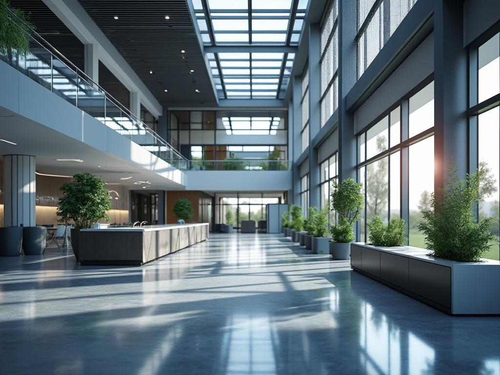 Moderno vestíbulo con techo de vidrio, plantas decorativas y amplia iluminación natural.