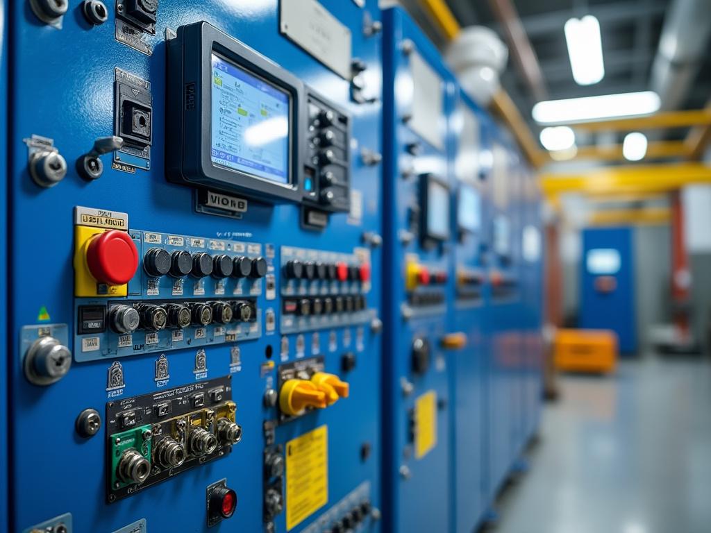 Panel de control industrial azul con pantallas y botones en una sala de maquinaria.