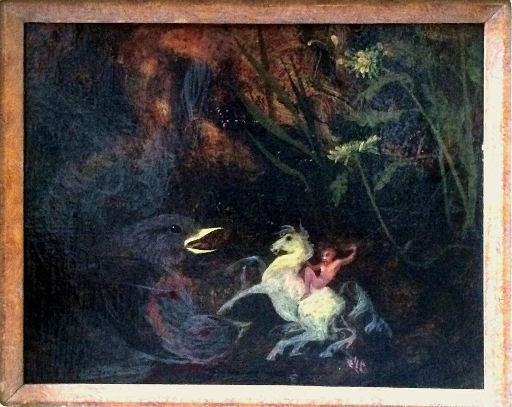 Title: Horseman Battling Bird
Media: Oil paint on wood panel
Dimensions: 8 x 10"
Artist: William Girard
Originally collection of Allen Abramson (aa 252)
Photo courtesy of Ken Weikal, Farmington Hills, MI
The frame has been cropped in this digital image and the exposure and colors slightly adjusted to make the original photo image easier to read.