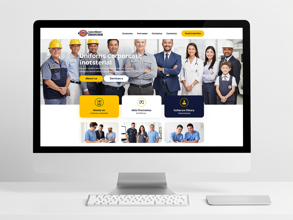 Pantalla de ordenador con sitio web de uniformes corporativos para industria, salud y educación Pantalla de ordenador con sitio web de uniformes corporativos para industria, salud y educación