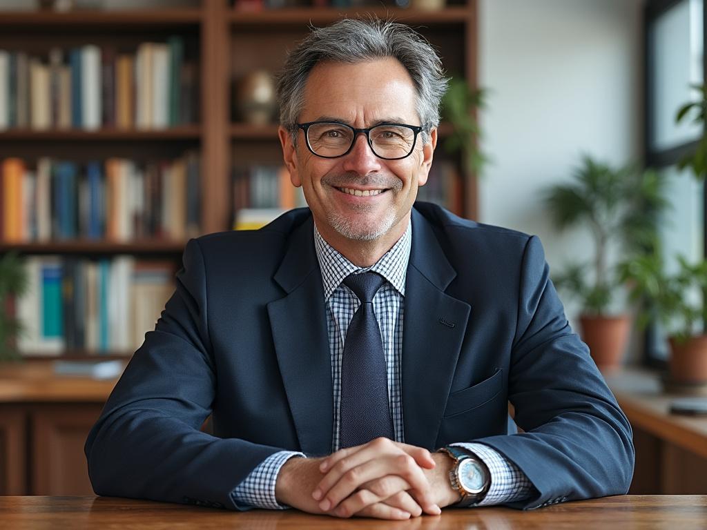 Smiling man in a business suit sitting at a desk with bookshelves in the background. Smiling man in a business suit sitting at a desk with bookshelves in the background.