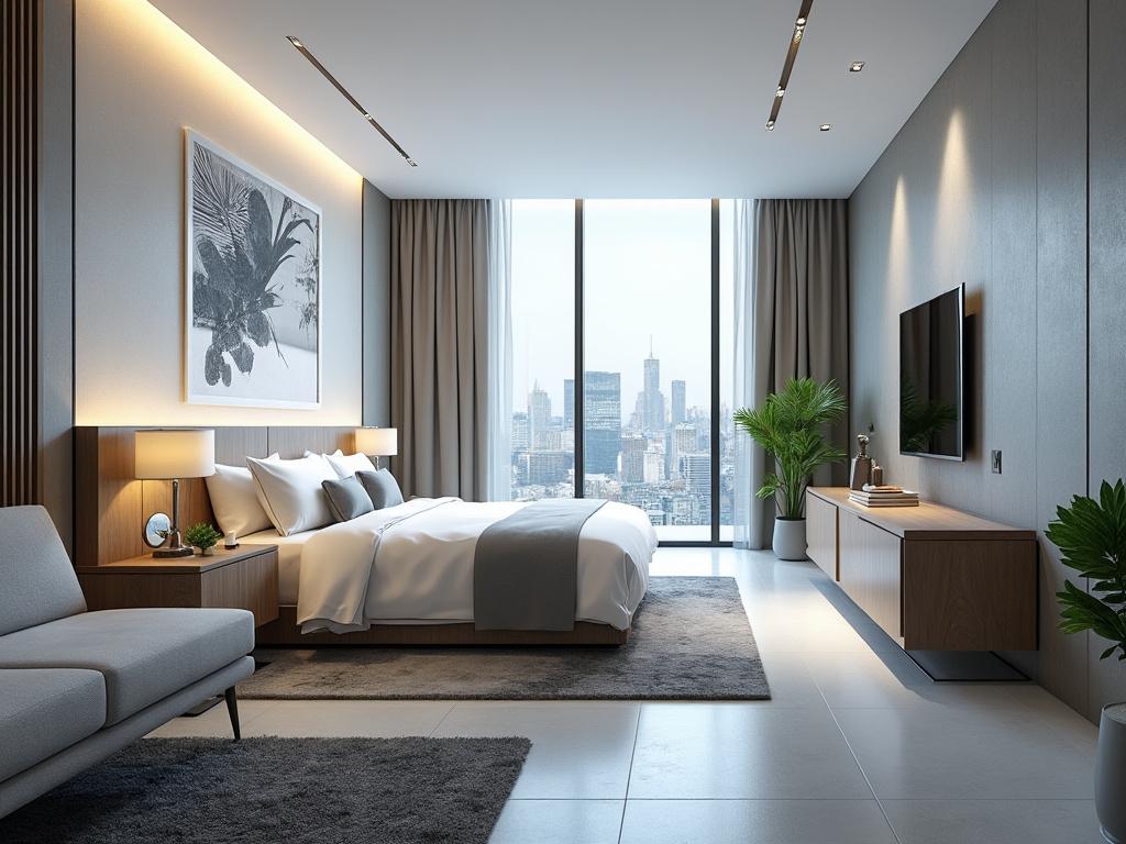 Dormitorio moderno con cama grande, ventana con vista a la ciudad, decoración elegante y plantas.
