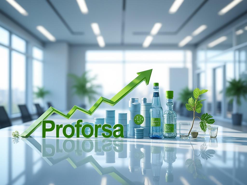 Botellas de vidrio y plástico, un gráfico de crecimiento verde y plantas en una oficina moderna.