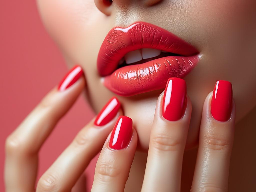 Labios y uñas rojas de mujer con fondo rosa.