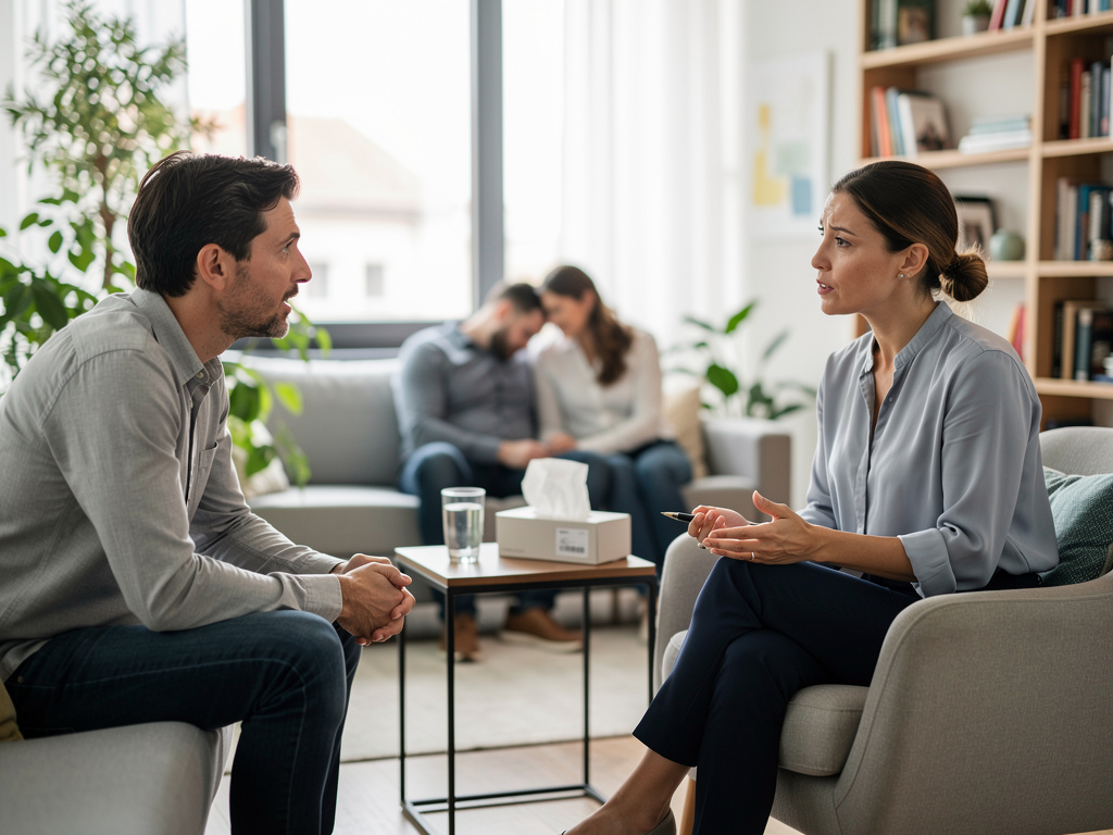 Terapeuta conversando con un hombre en sesión de terapia, con pareja al fondo en una consulta psicológica moderna