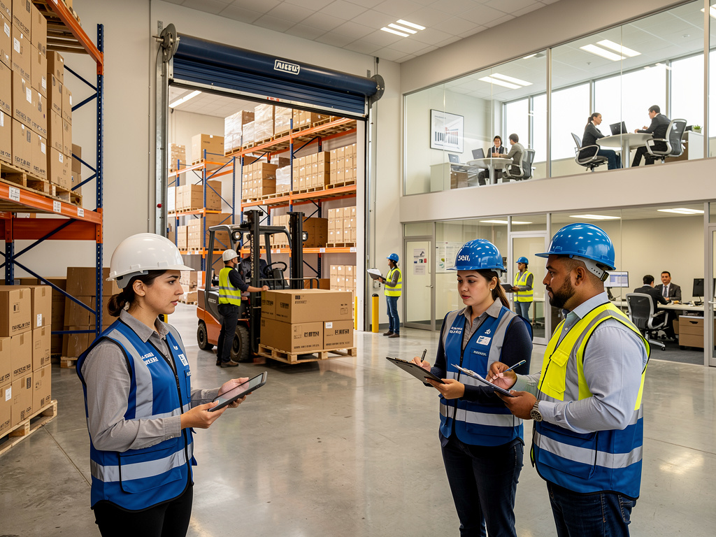 Equipo de logística en almacén moderno revisando inventario con tablets, montacargas y cajas en estanterías
