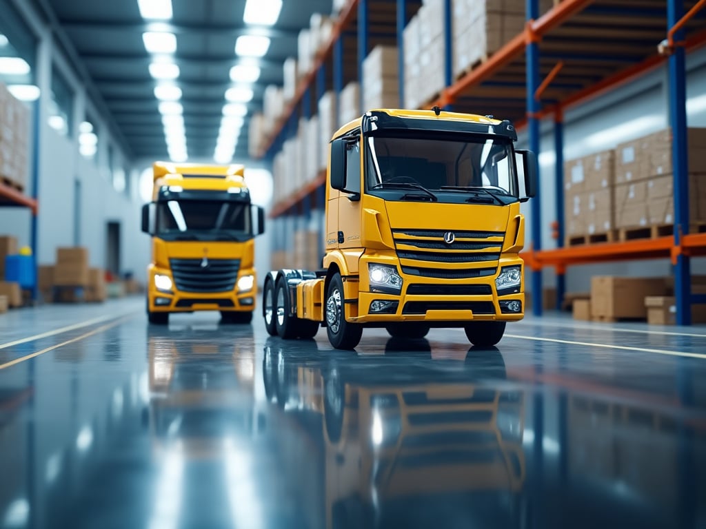 Dos camiones amarillos en un almacén moderno con estanterías y cajas.