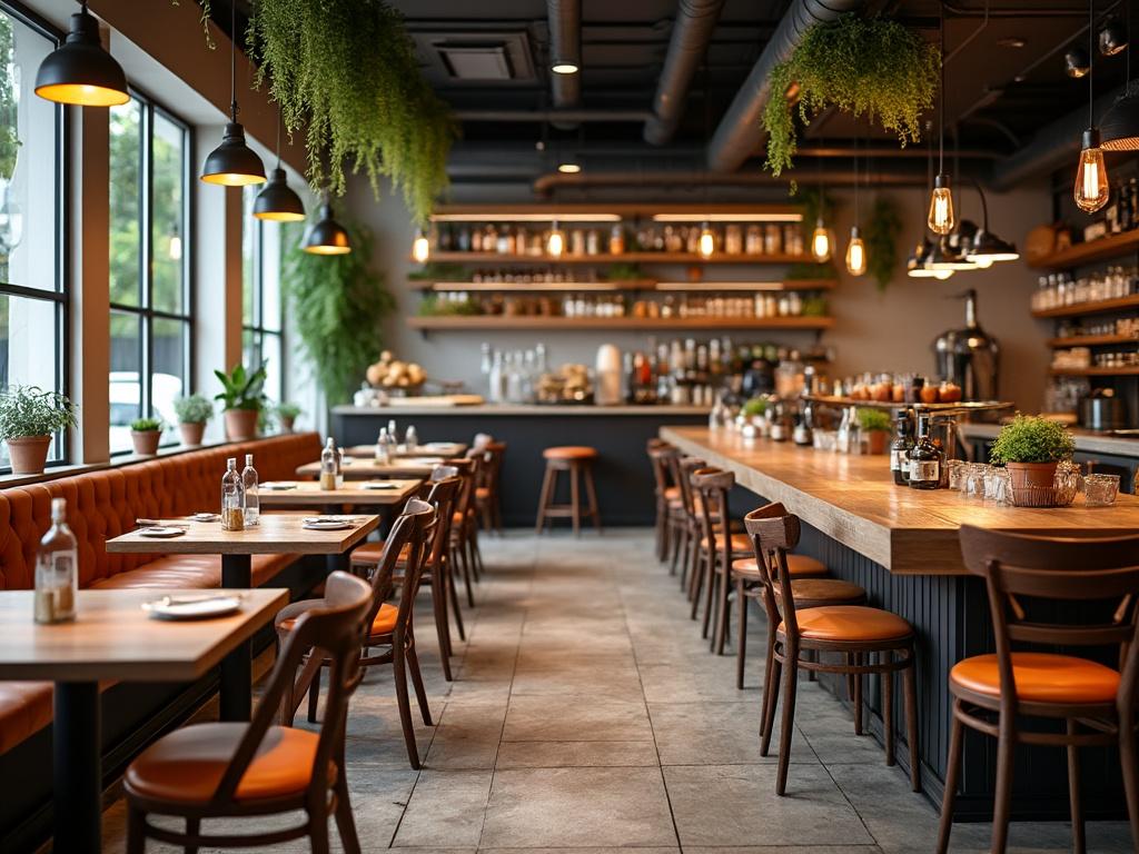 Restaurante moderno con mesas de madera, sillas de cuero, plantas colgantes y estanterías llenas de botellas y tazas.