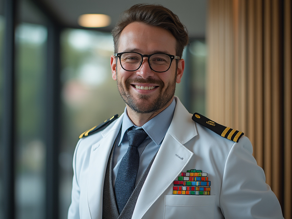 Hombre sonriente con gafas, vestido con uniforme blanco con barras de servicio en el pecho, en un entorno interior moderno.