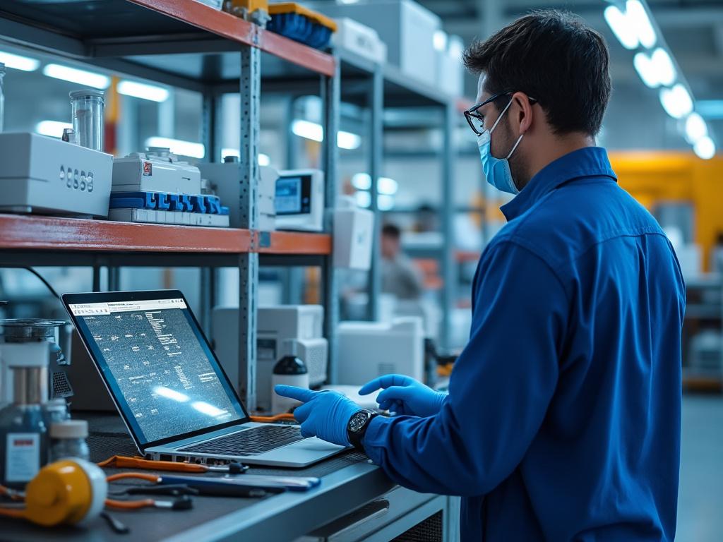 Hombre con bata azul y mascarilla trabajando en un laboratorio, usando un portátil en una mesa con herramientas y equipos científicos. Hombre con bata azul y mascarilla trabajando en un laboratorio, usando un portátil en una mesa con herramientas y equipos científicos.