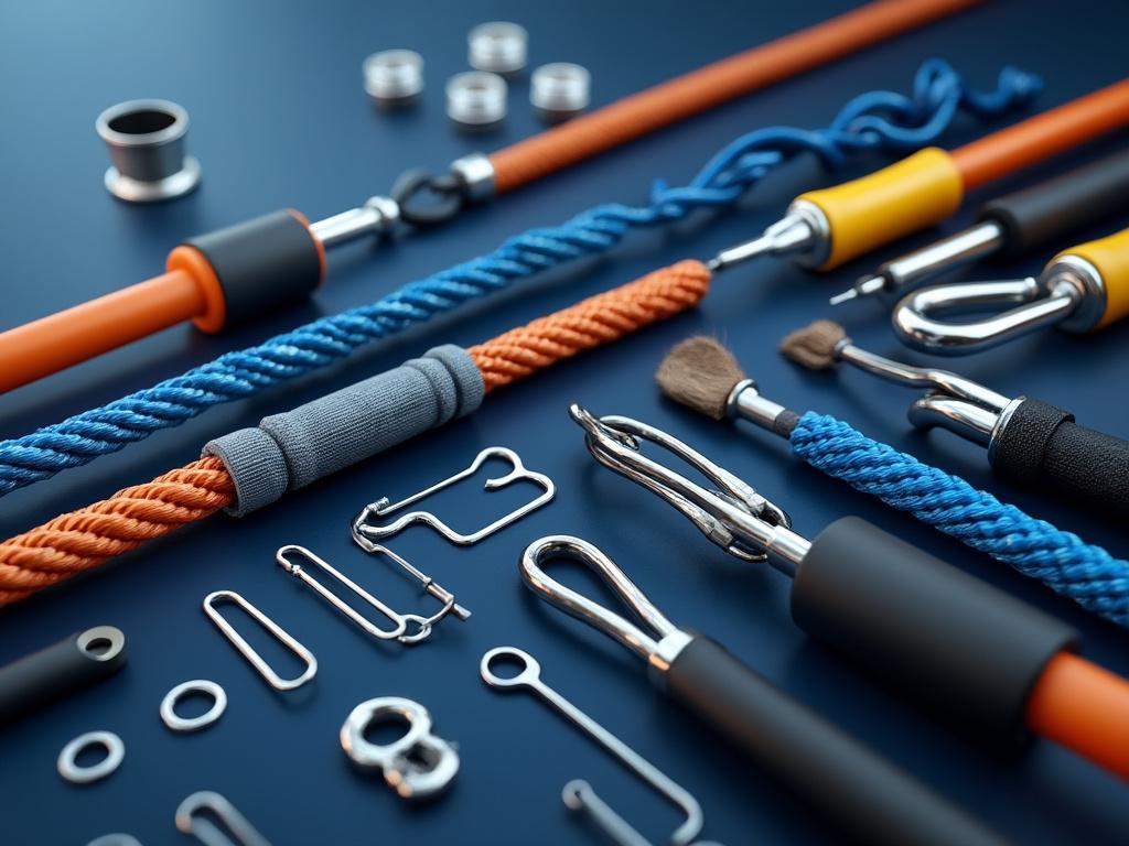 Herramientas de metal y cuerda sobre superficie azul, incluyendo pinzas y ganchos cromados.