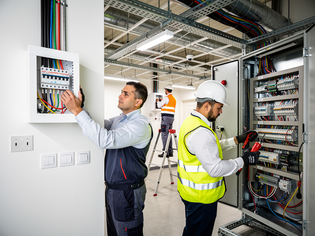 Electricistas instalando y revisando cuadros eléctricos industriales con cableado y equipos de seguridad