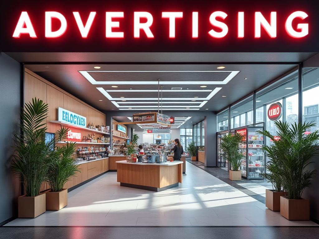 Entrada a una tienda moderna con letrero iluminado que dice 'Advertising', plantas decorativas y estanterías llenas de productos.
