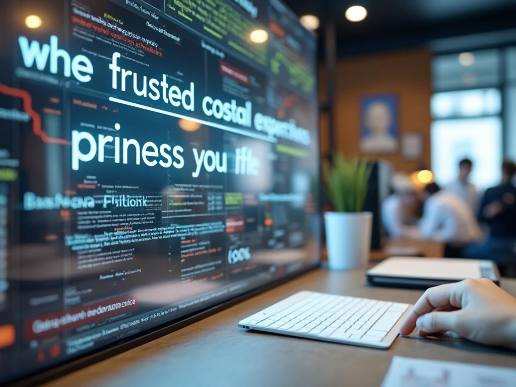 Close-up of a developer's workspace with a hand on a keyboard, computer screen displaying colorful code, and blurred office background.
