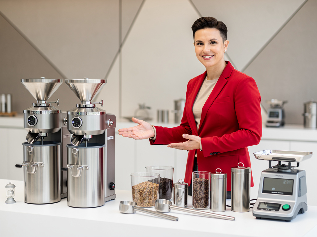 Smiling woman in red blazer presenting professional coffee roasters, beans, containers, and digital scale in modern lab