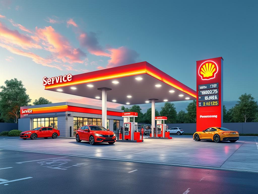 Estación de servicio Shell moderna al atardecer con autos rojos y amarillos estacionados.