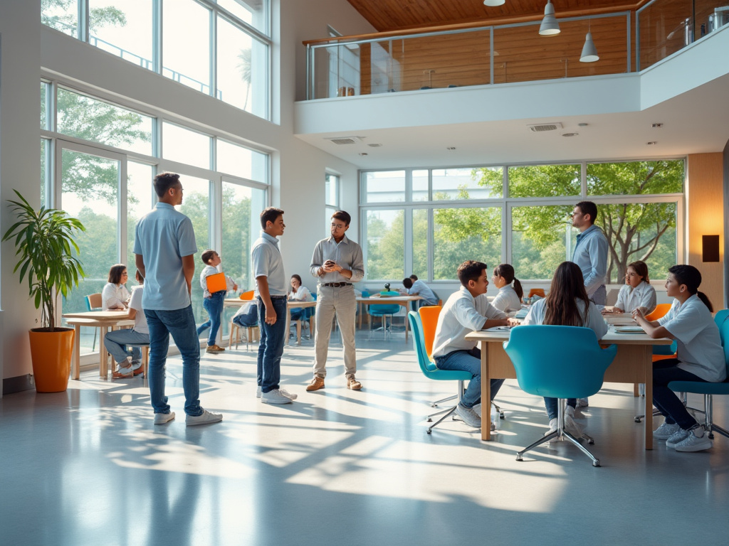 Espacio moderno de coworking con personas colaborando en mesas, grandes ventanales y luz natural.