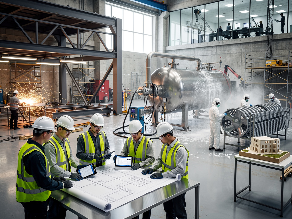 Ingenieros industriales con cascos revisan planos en una fábrica moderna con maquinaria, soldadura y pruebas de equipos