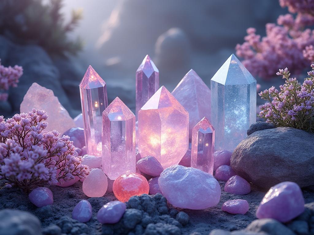 Mystical landscape with glowing pink and purple crystals surrounded by blooming flowers and rocks.