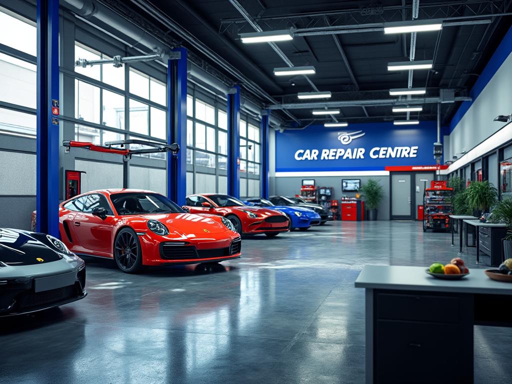 Interior de un taller mecánico moderno con vehículos deportivos en colores brillantes alineados, herramientas y equipo organizados en un ambiente limpio y bien iluminado.