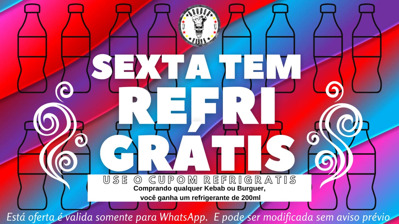 Sexta tem refri de 200ml gratis por Kebab ou lanche do pedido. 
Coloque o código do cupom no campo de observações e finalize seu pedido.
Nosso caixa atualizara o pedido e enviara o(s) refris junto com o pedido.